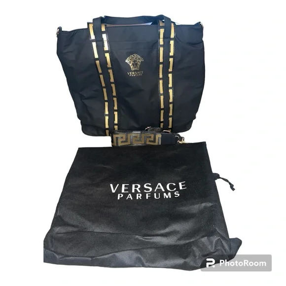 Versace Parfums Tote Medusa Logo Soft Vinyl Black and Gold NWT - Picture 2 of 8